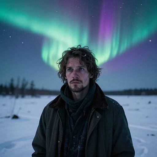 Photograph of a bearded man with curly hair standing in snowy landscape, illuminated by vibrant green and purple Northern Lights.