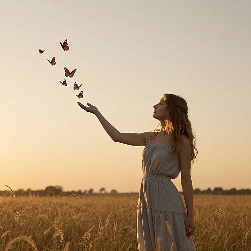Photograph of a young woman in a light gray dress, gently releasing butterflies in a golden wheat field at sunset.