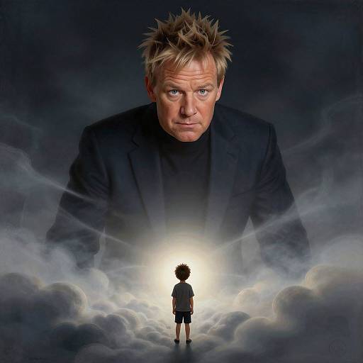Digital artwork: Giant, serious-looking man with spiky blonde hair looms over tiny child standing in bright sunlight amidst clouds. Dark, ominous background.