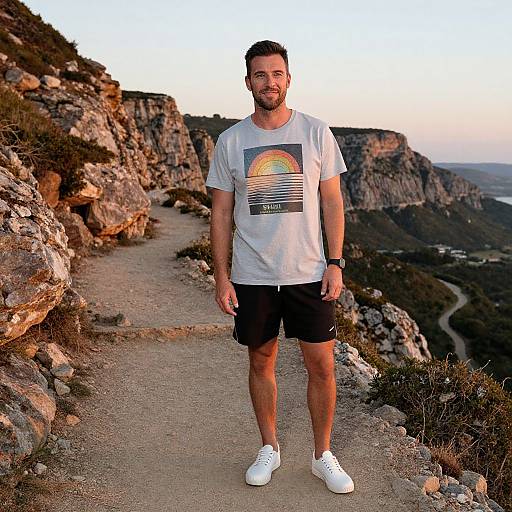 Photograph of a smiling, bearded man in a white retro-style T-shirt with a sunset graphic, black shorts, and white sneakers, standing on
