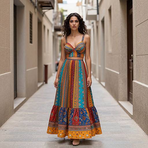 Photograph of a curly-haired woman in a colorful, patterned, sleeveless dress with a deep V-neck, standing in a narrow, urban alley