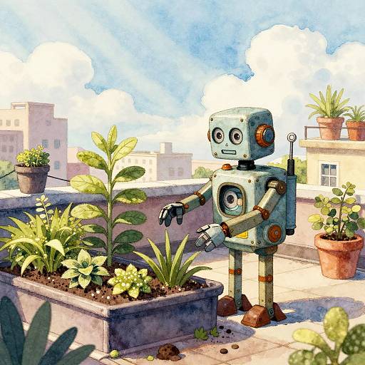 Watercolor-style illustration of a cute, cartoonish robot watering a rooftop garden with potted plants against a bright blue sky.