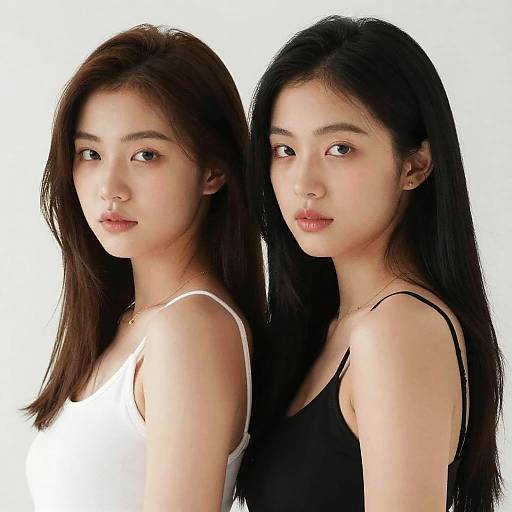 Photograph of two young Asian women with long black hair, side-by-side; one in a white top, one in black, both looking directly at