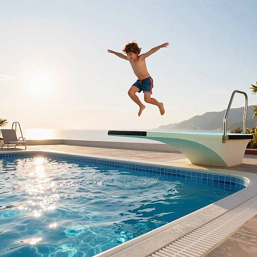 Joyful Kid Jumping Into Fiberglass Pool