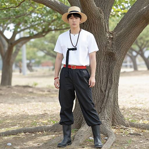 Young Asian man in straw hat, white shirt, black pants, red belt, black boots, stands against tree in sunlit park.