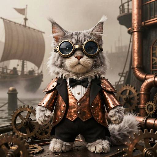 Steampunk cat in bronze armor, round goggles, and bowtie stands on gears, with a ship and industrial pipes in the background. Digital art