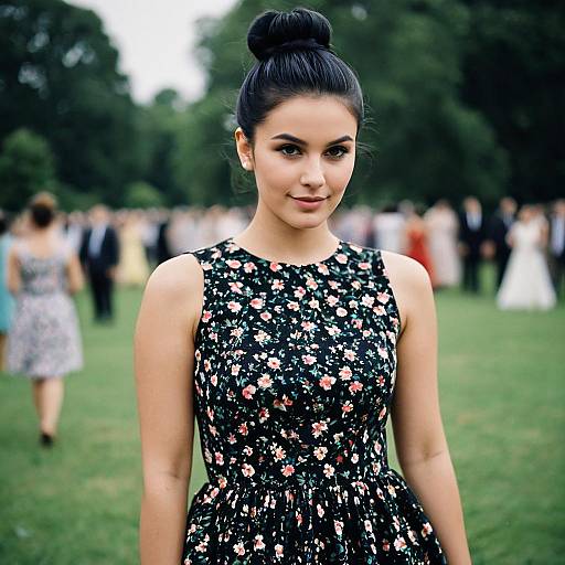 Young woman in floral dress at outdoor party