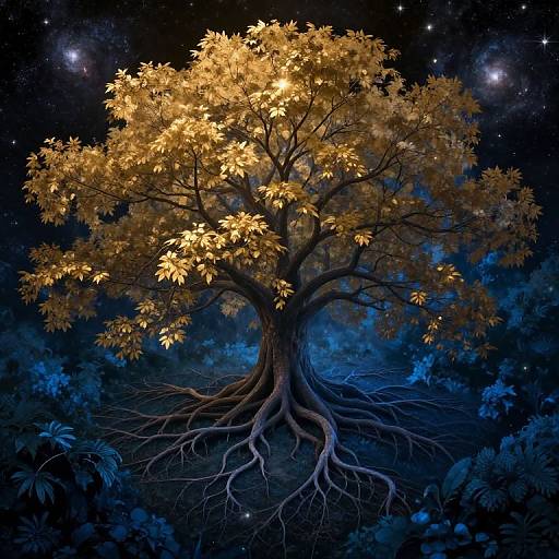 Digital artwork of a glowing golden-leaved tree with intricate roots, set against a starry night sky and blue-hued forest.
