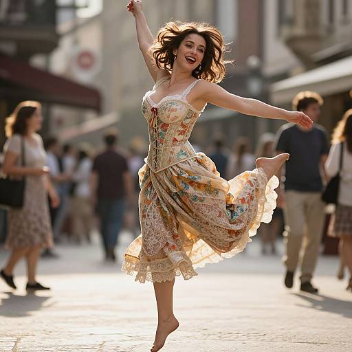 Joyful Woman in Vintage Corset Leap
