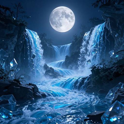 Luminous Blue Glass Rivers Under Moonlight