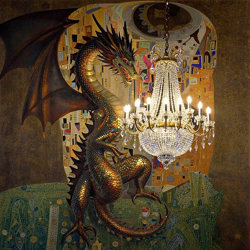 A detailed digital artwork of a golden, black-scaled dragon with wings, standing under a glowing crystal chandelier in a mosaic-tiled room.