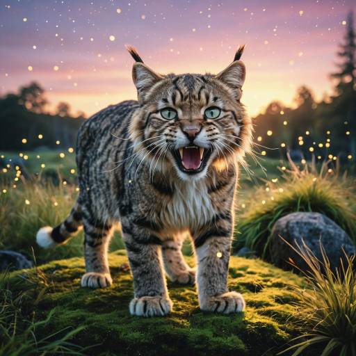 Playful Sabertooth Cat on Mossy Ground at Sunset