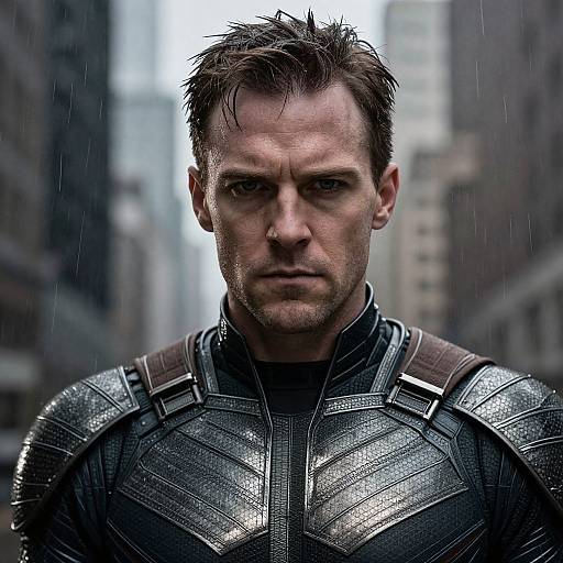 Photorealistic CGI of a serious, wet-haired, muscular man with dark eyes, wearing a shiny, armored suit in a rainy urban street.