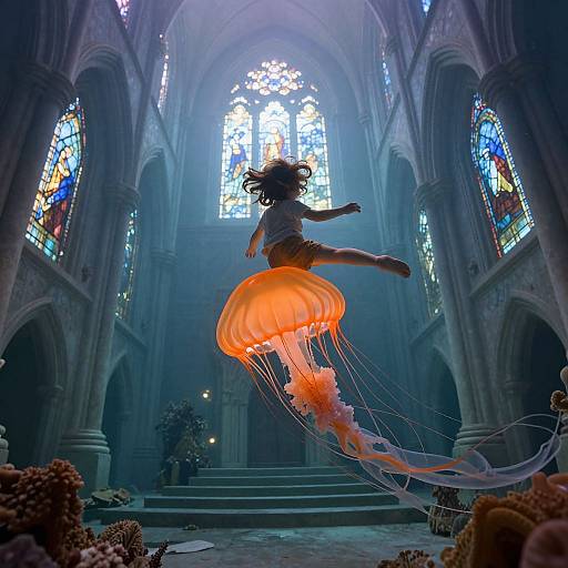 Photograph of a girl with curly hair, mid-jump, floating above an orange jellyfish in a grand, misty cathedral with stained glass windows