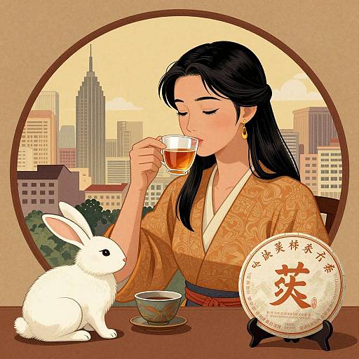 Digital illustration of an Asian woman with long black hair, sipping tea, wearing a gold-patterned kimono, with a white rabbit and a traditional