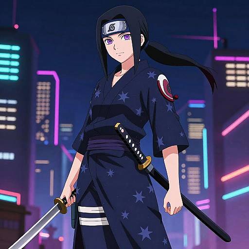 Agile Teenage Kunoichi in Neon City