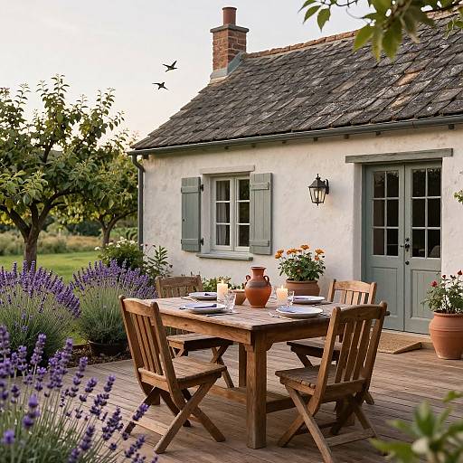 Photograph of a charming white cottage with grey shutters, wooden dining table, lavender bushes, potted flowers, and rustic outdoor chairs.