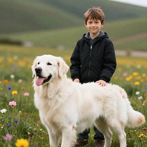 Joyful Boy and Golden Retriever in Meadow