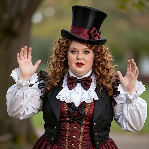 Photograph of a fair-skinned woman with curly brown hair, wearing a Victorian-style black top hat, burgundy dress, white lace collar, and