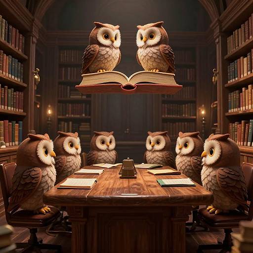 Whimsical Owls in Magical Library