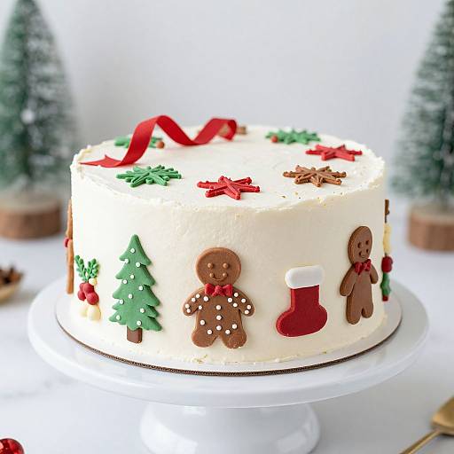 Photograph of a festive Christmas cake with white frosting, decorated with gingerbread cookies, red ribbon, green trees, and red star. Blurred pine