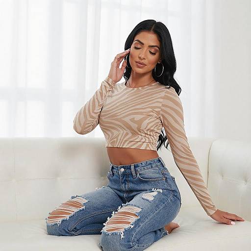 Stylish Woman on White Leather Couch