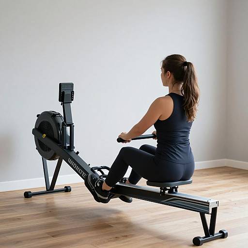 Photograph of a woman with brown hair in a ponytail, wearing a black tank top and leggings, exercising on a home gym bike in a sun