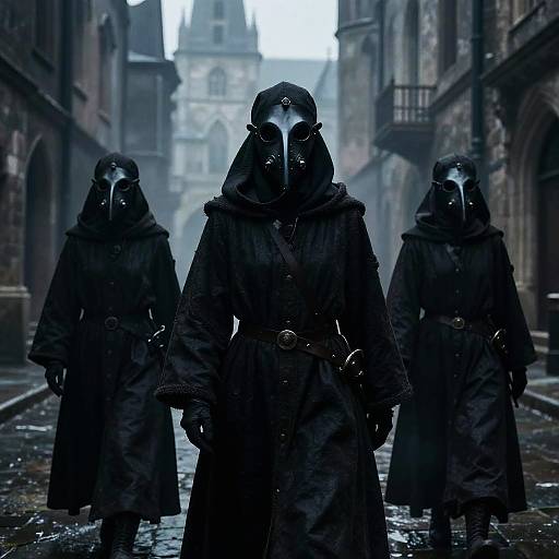 Digital artwork of three dark-robed, gas-masked figures standing in a rainy, medieval alleyway with Gothic architecture in the background.