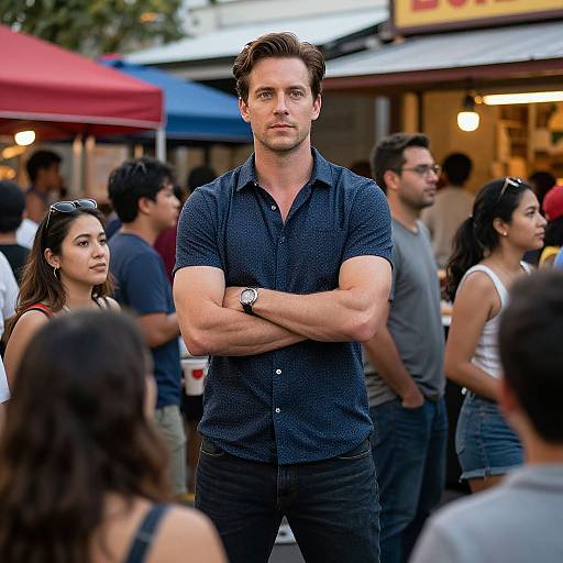 Photograph of a muscular, handsome man with short brown hair, wearing a dark blue, short-sleeve button-up shirt, standing with arms crossed