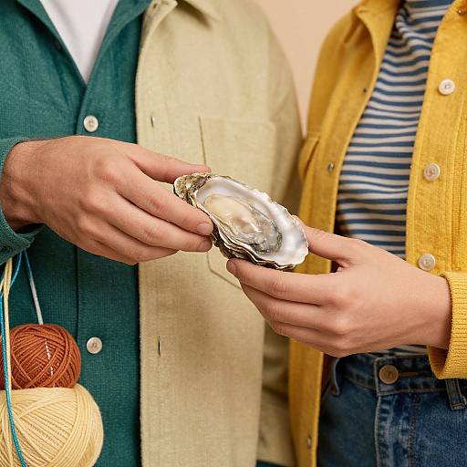 Photograph of two hands holding a wrapped oyster, with colorful yarn balls in the background, wearing green, beige, and yellow jackets.