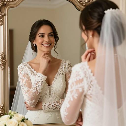 Photograph of a smiling bride in a lace, long-sleeve, deep V-neck wedding dress with veil, adjusting her hair in front of an