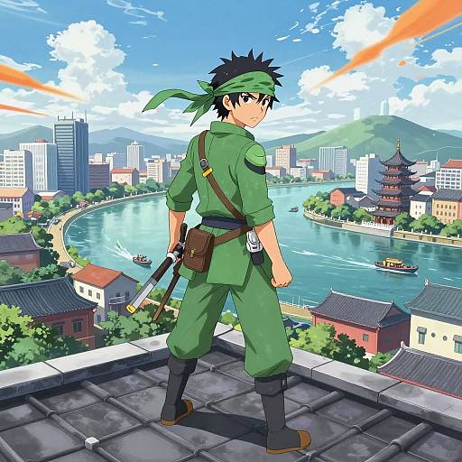 Anime-style drawing of a green-clad ninja with black hair and headband, standing on a rooftop, looking at a vibrant cityscape with a river