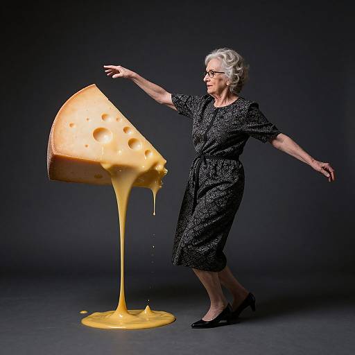 Photograph of elderly woman in black polka-dot dress, pointing at giant melting cheese slice with dripping yellow cheese on dark background.