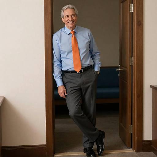 Smiling Middle-Aged Man in Wooden Doorway