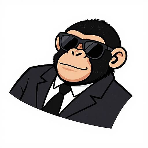 Cartoon monkey in black suit, white shirt, black tie, and black sunglasses, smiling confidently, white background, digital illustration style.