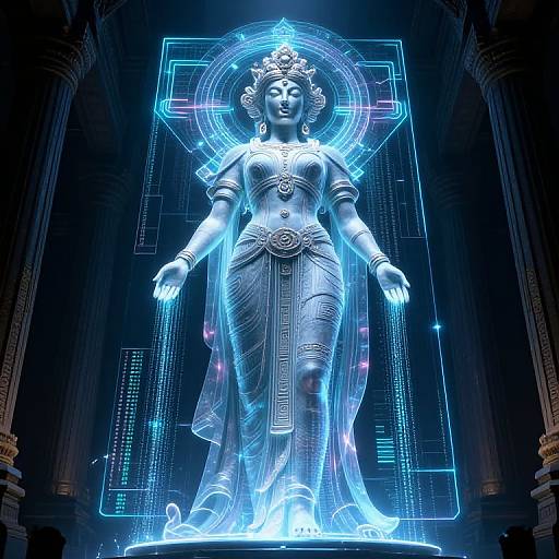 Holographic AI Goddess Over Digital Temple