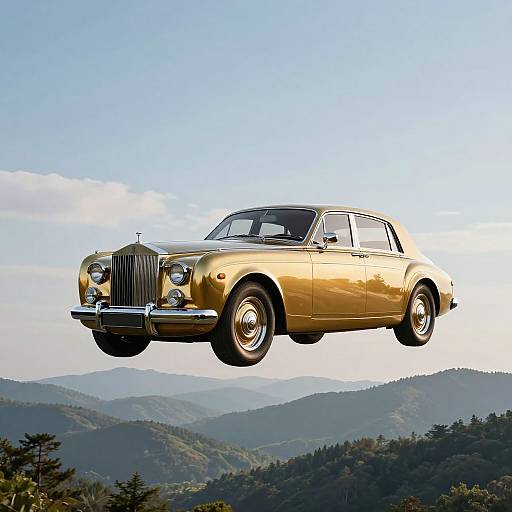 Photograph of a gold vintage Rolls-Royce car floating mid-air above a mountainous landscape with clear blue sky and scattered clouds.