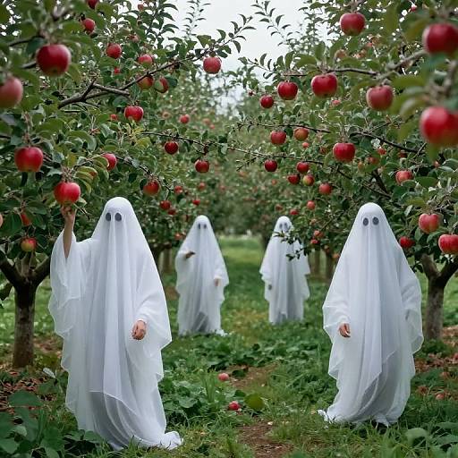 Photograph of five white-sheeted ghost figures with black eyes, holding apples, standing in an apple orchard with red apples on trees.