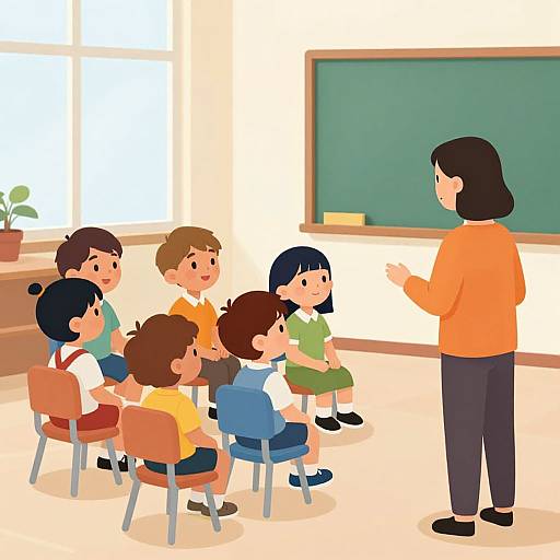 Illustration of a teacher in an orange sweater lecturing six diverse, smiling children seated in a bright classroom with a chalkboard.