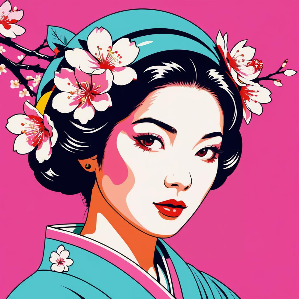 Japanese Woman in Pop Art Cherry Blossoms