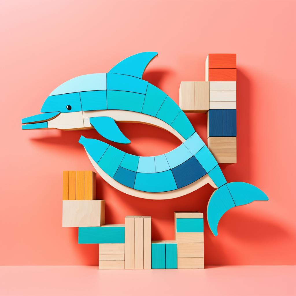 Wooden Block Dolphin on Coral Background