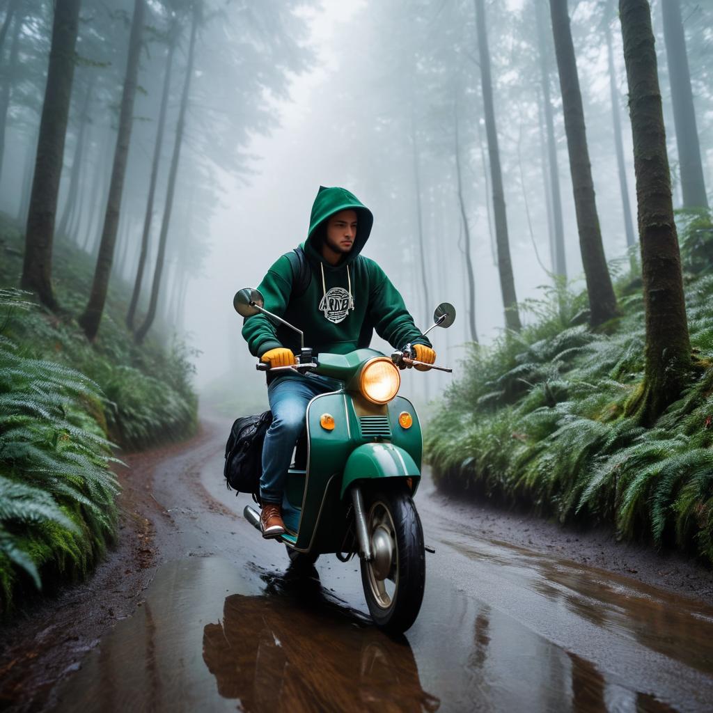 Moped Adventure in Misty Forest