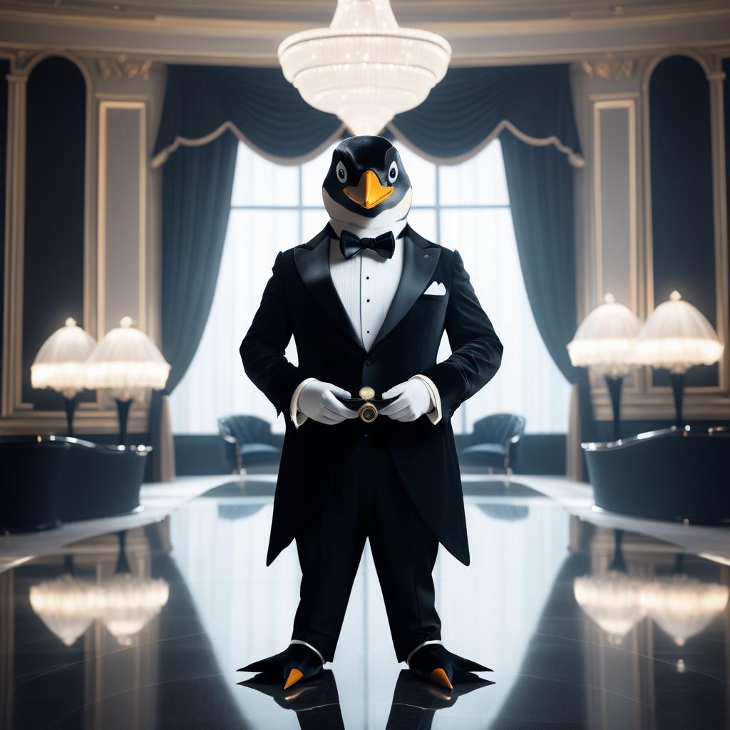 Dapper Penguin in a Luxurious Ballroom