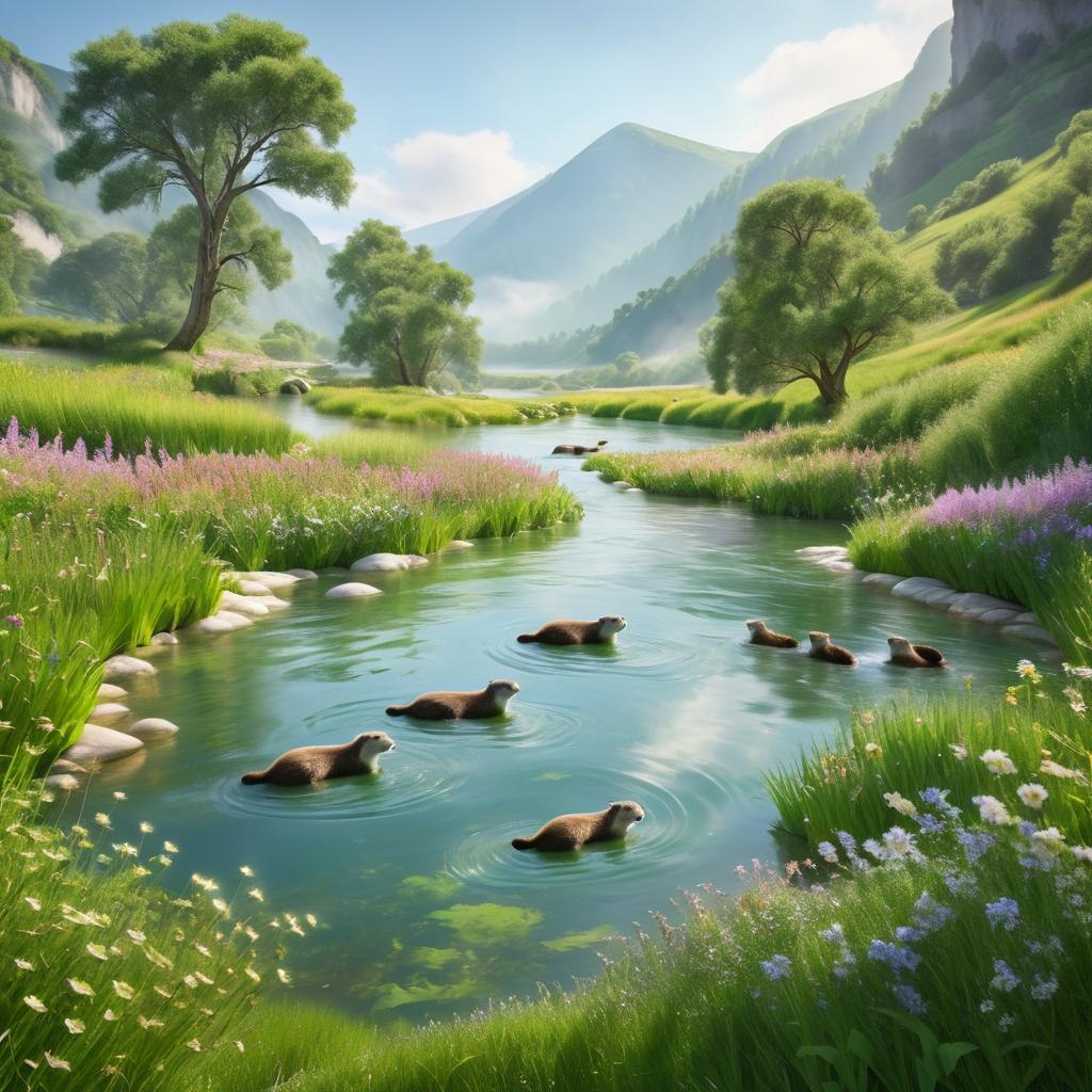 Serene River Valley with Floating Otters