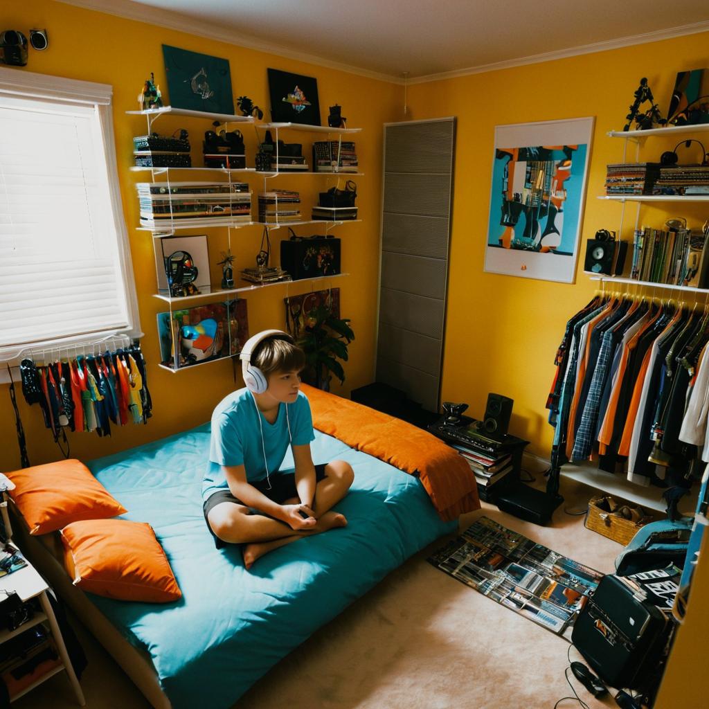 Teenage Boy in Bedroom with Headphones