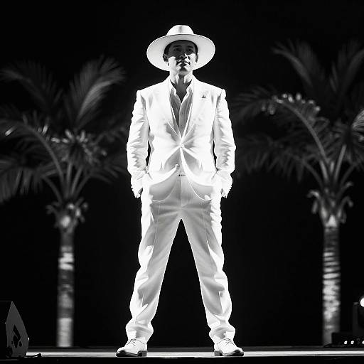 Black-and-white photograph of a man in a white suit, wide-brimmed hat, and sunglasses, standing confidently with palms trees in the background.