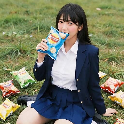 Asian Schoolgirl Eating Potato Chips Outdoors