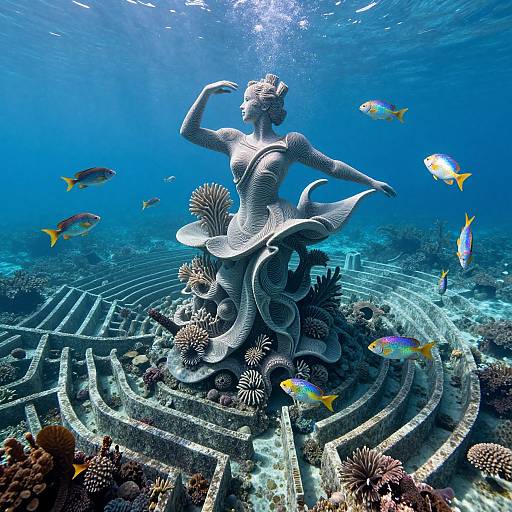Photograph of an underwater statue of a dancing mermaid surrounded by colorful fish and coral, illuminated by sunlight from above.
