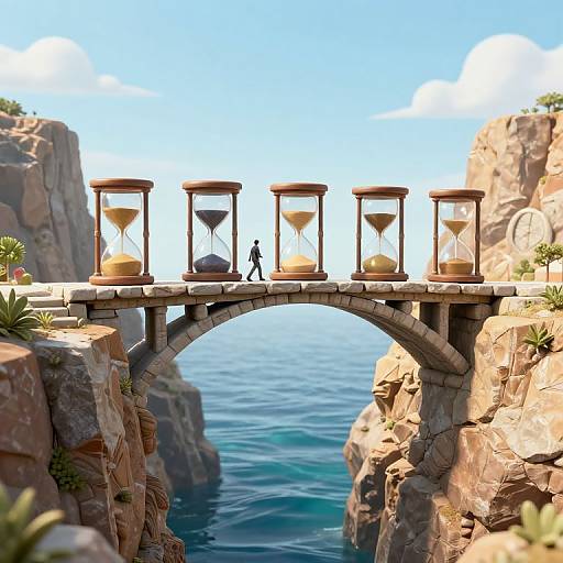 Digital artwork of a person walking on a stone bridge with hourglass frames, spanning a rocky cliff over a clear blue ocean.