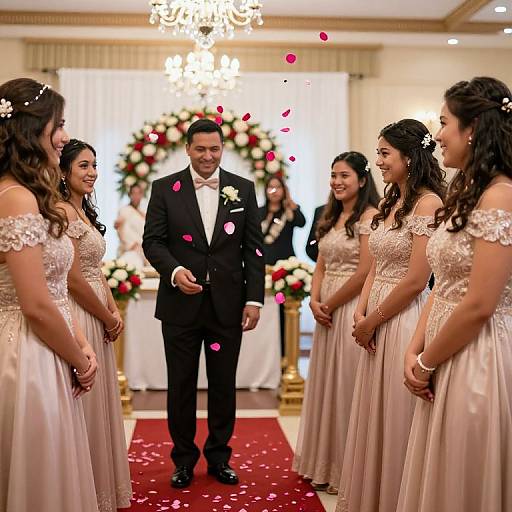 Photograph of groom in black suit, white shirt, and tie, standing on red carpet, scattering rose petals, surrounded by five smiling bridesmaids in